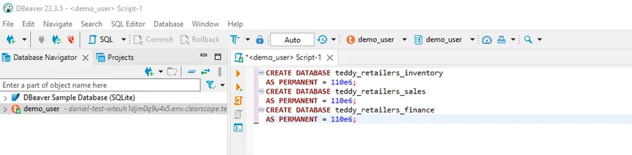 Running command for database creation with dbeaver as a client